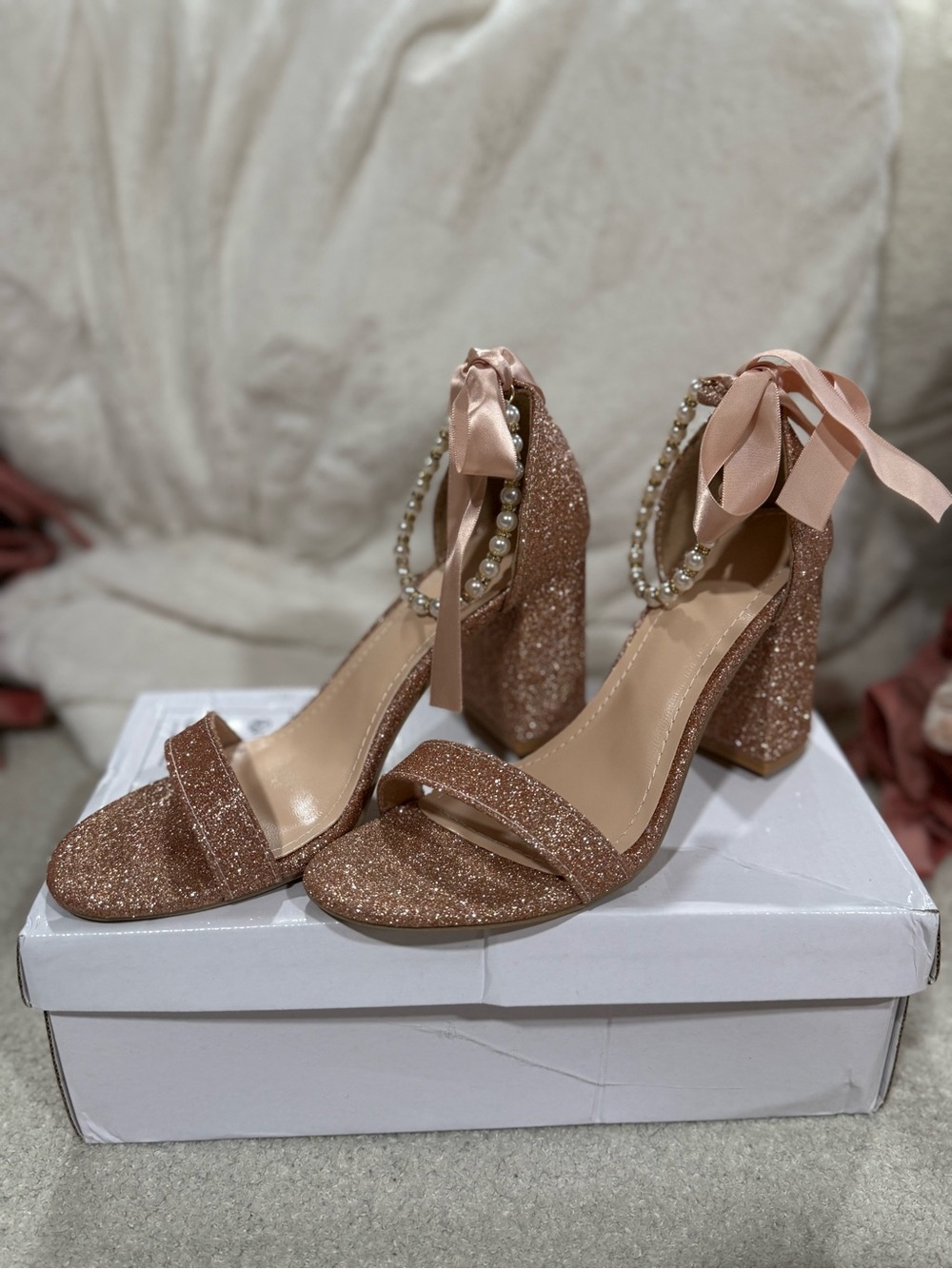 SHEIN Rose Gold Glitter Block Heel Sandals with Pearl Ankle Tie